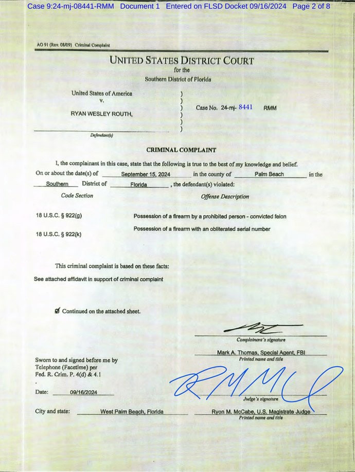 Ryan routh criminal complaint